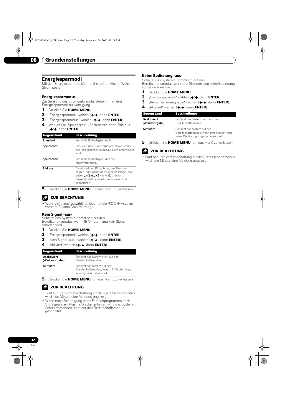 Energiesparmodi, Grundeinstellungen 08 | Pioneer PDP-436RXE User Manual | Page 120 / 134