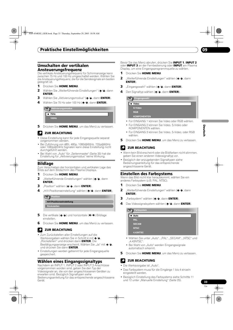 09 praktische einstellmöglichkeiten, Praktische einstellmöglichkeiten 09, Praktische einstellmöglichkeiten | Umschalten der vertikalen ansteuerungsfrequenz, Bildlage, Wählen eines eingangssignaltyps, Einstellen des farbsystems | Pioneer PDP-436RXE User Manual | Page 121 / 134