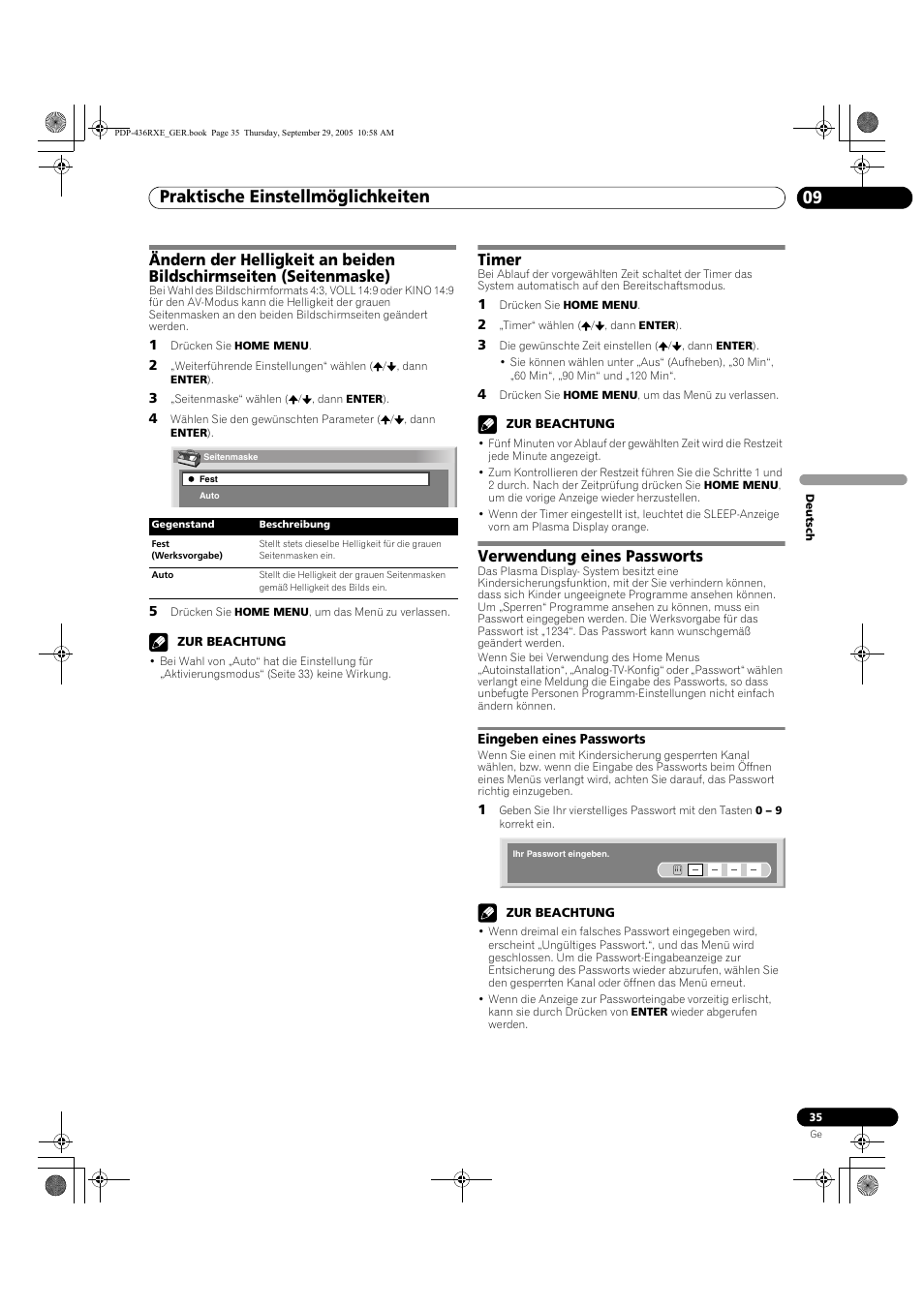 Eingeben eines passworts, Praktische einstellmöglichkeiten 09, Timer | Verwendung eines passworts | Pioneer PDP-436RXE User Manual | Page 123 / 134
