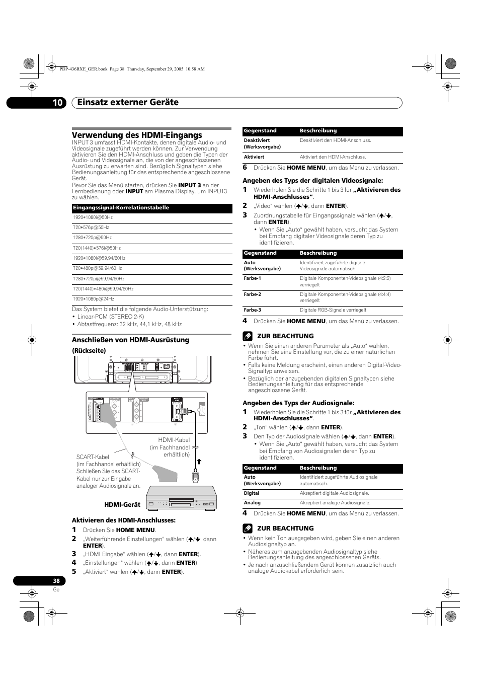 Verwendung des hdmi-eingangs, Anschließen von hdmi-ausrüstung, Einsatz externer geräte 10 | Pioneer PDP-436RXE User Manual | Page 126 / 134