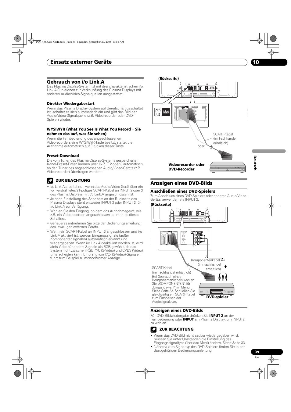 Gebrauch von i/o link.a anzeigen eines dvd-bilds, Einsatz externer geräte 10, Gebrauch von i/o link.a | Anzeigen eines dvd-bilds, Anschließen eines dvd-spielers | Pioneer PDP-436RXE User Manual | Page 127 / 134