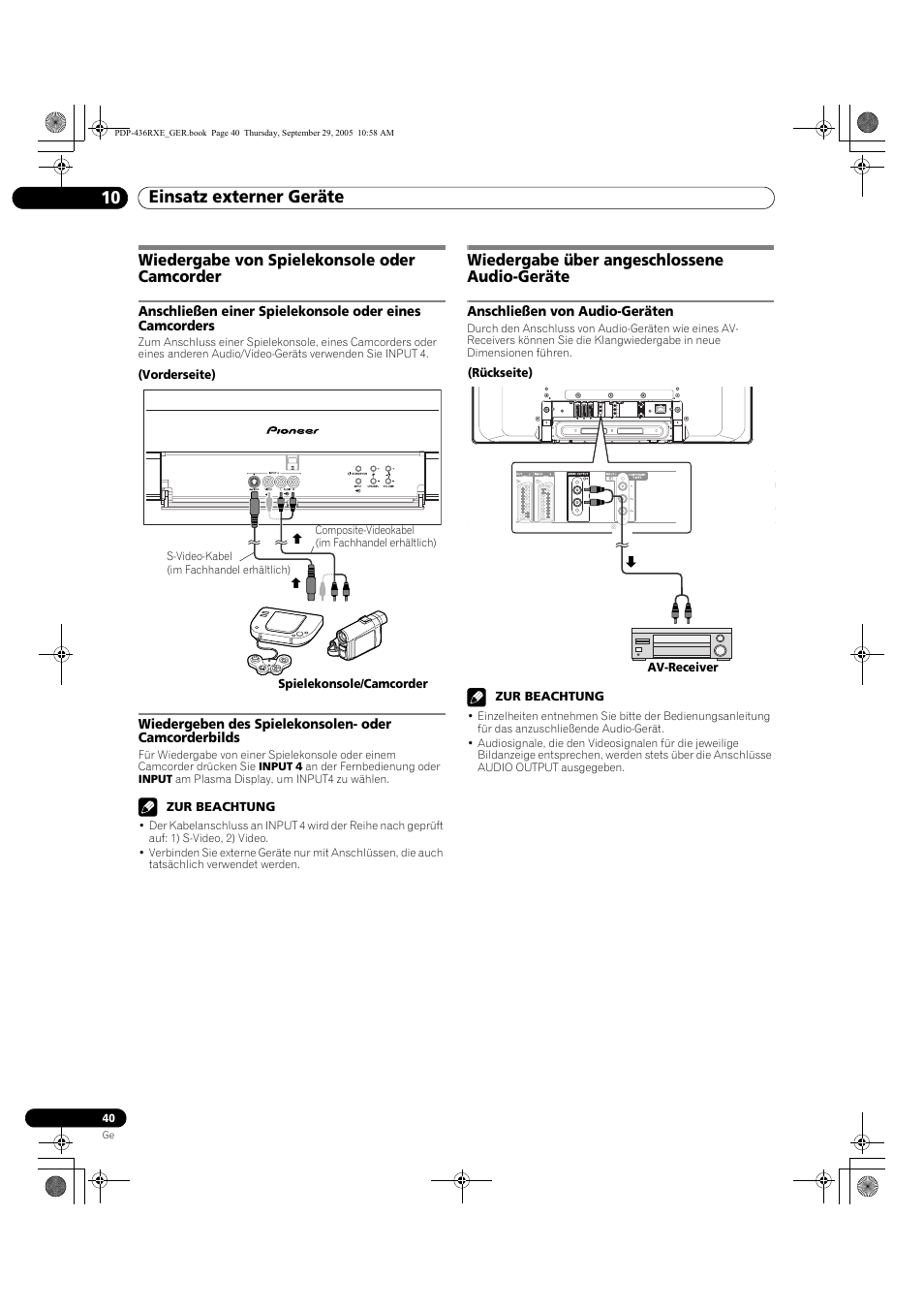 Wiedergabe von spielekonsole oder camcorder, Wiedergabe über angeschlossene audio-geräte, Anschließen von audio-geräten | Einsatz externer geräte 10 | Pioneer PDP-436RXE User Manual | Page 128 / 134