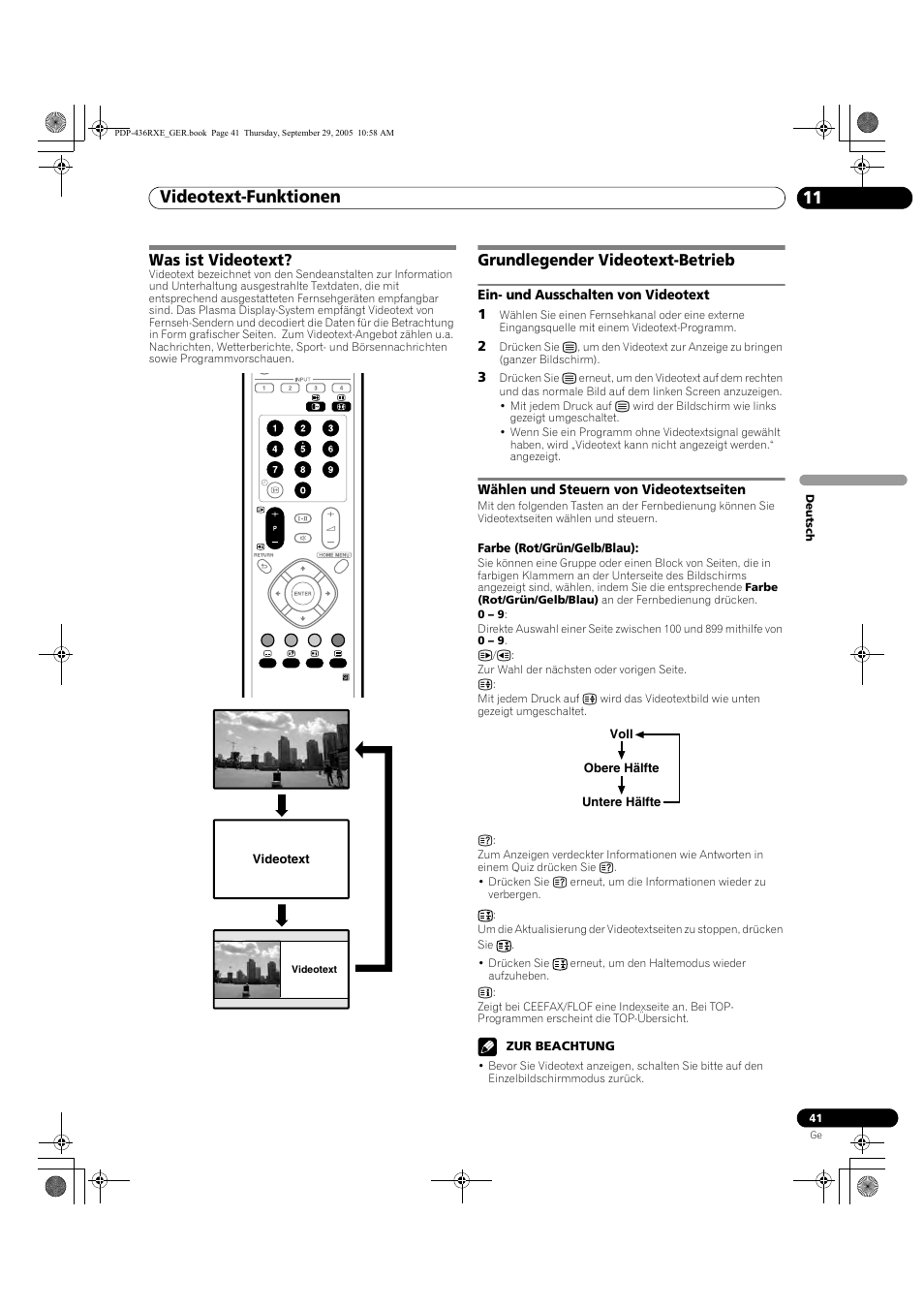 11 videotext-funktionen, Was ist videotext? grundlegender videotext-betrieb, Videotext-funktionen 11 | Videotext-funktionen, Was ist videotext, Grundlegender videotext-betrieb | Pioneer PDP-436RXE User Manual | Page 129 / 134