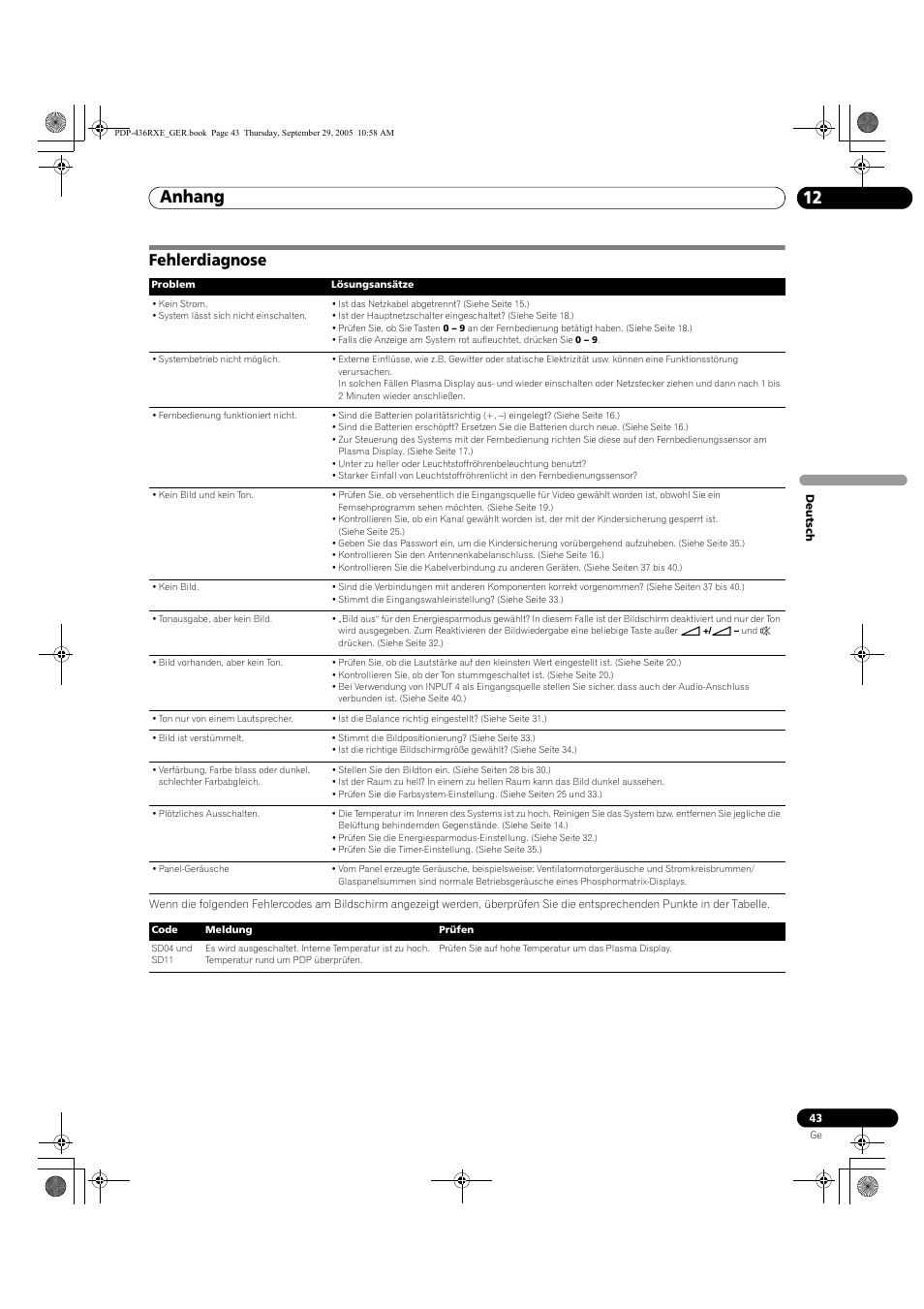 12 anhang, Fehlerdiagnose, Anhang 12 | Anhang | Pioneer PDP-436RXE User Manual | Page 131 / 134
