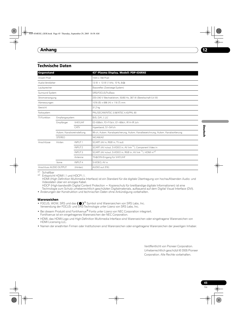 Technische daten, Anhang 12 | Pioneer PDP-436RXE User Manual | Page 133 / 134