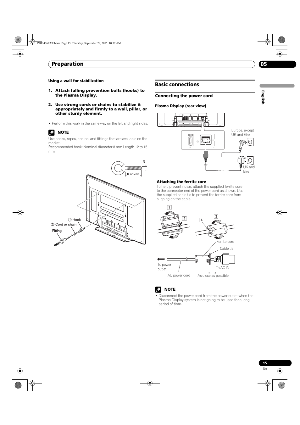 Basic connections, Connecting the power cord, Preparation 05 | Pioneer PDP-436RXE User Manual | Page 15 / 134