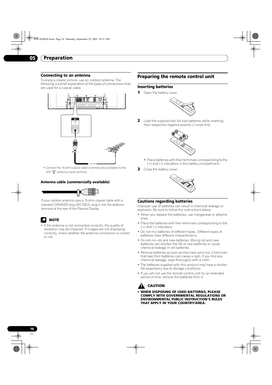 Connecting to an antenna, Preparing the remote control unit, Inserting batteries cautions regarding batteries | Preparation 05 | Pioneer PDP-436RXE User Manual | Page 16 / 134