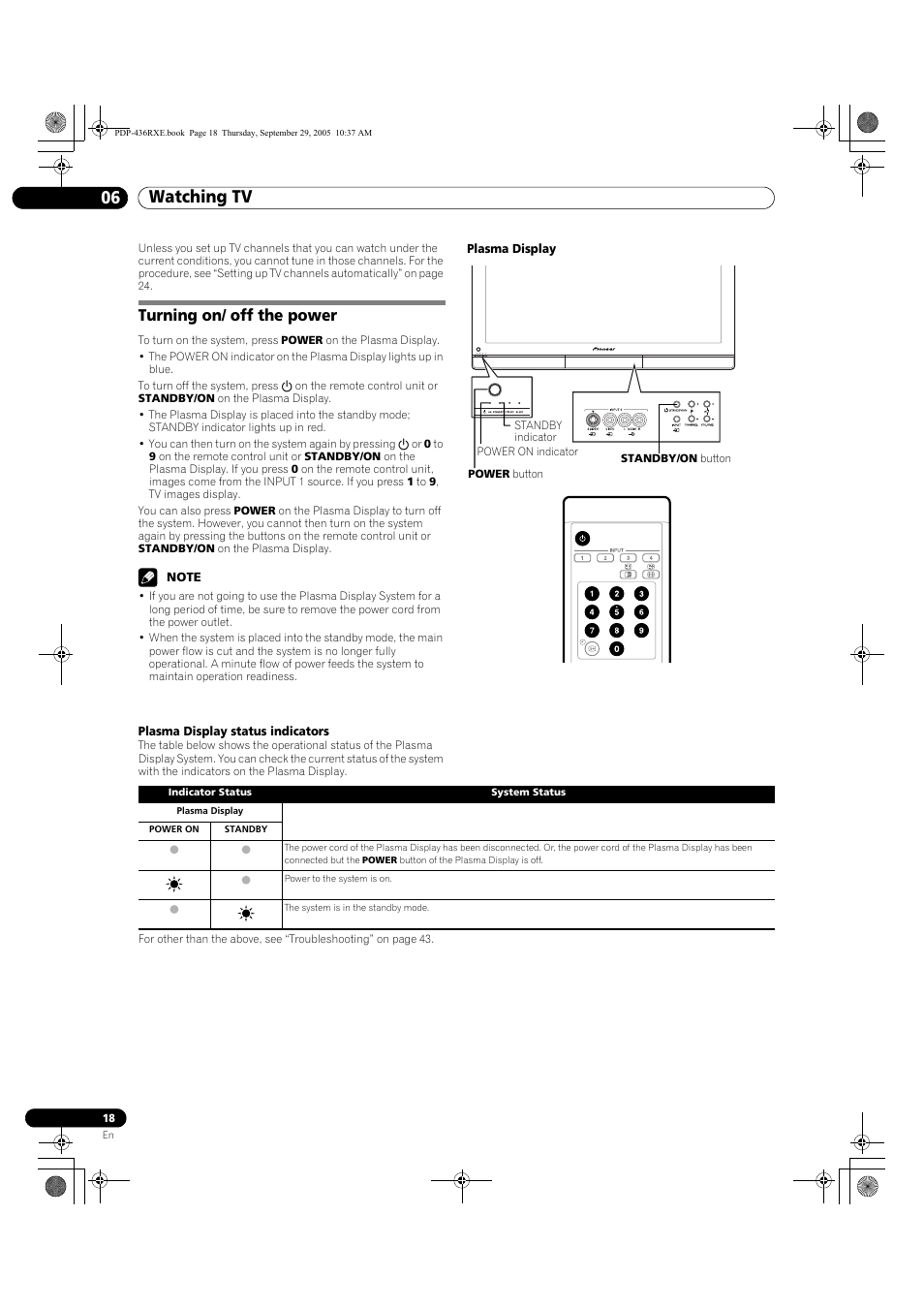 06 watching tv, Turning on/ off the power, Watching tv 06 watching tv | Pioneer PDP-436RXE User Manual | Page 18 / 134