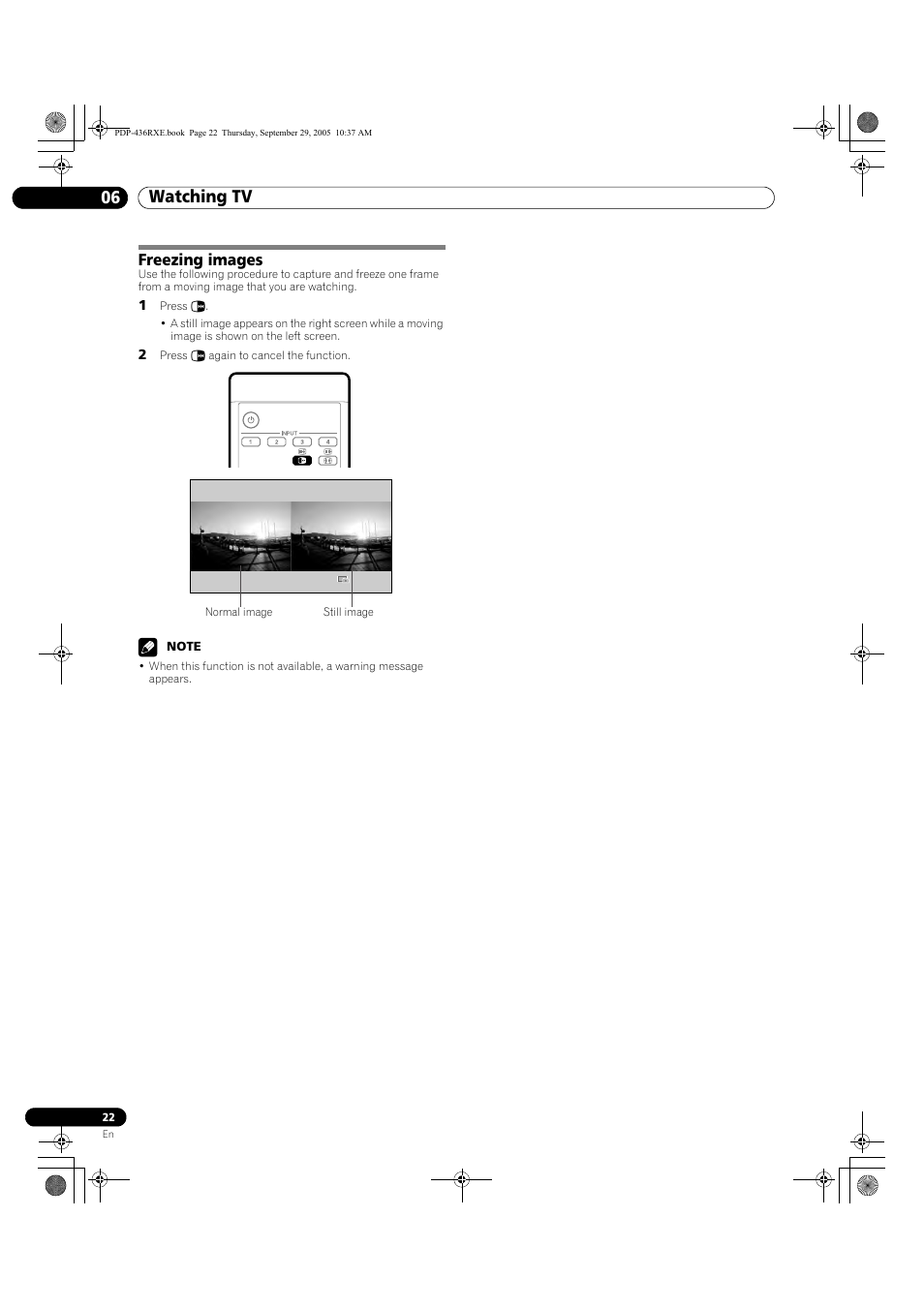 Freezing images, Watching tv 06 | Pioneer PDP-436RXE User Manual | Page 22 / 134