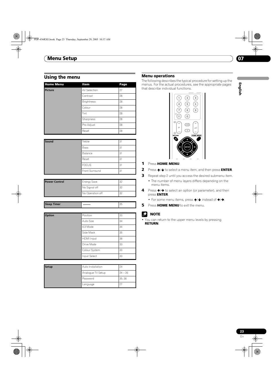 07 menu setup, Using the menu, Menu operations | Menu setup 07, Menu setup | Pioneer PDP-436RXE User Manual | Page 23 / 134