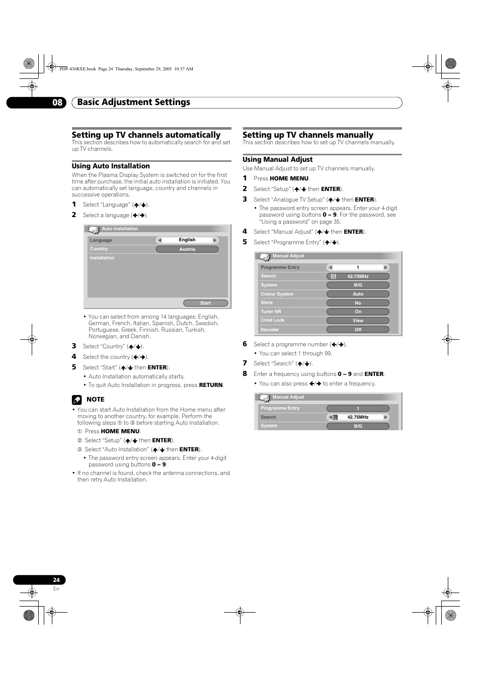 08 basic adjustment settings, Setting up tv channels automatically, Using auto installation | Setting up tv channels manually, Using manual adjust | Pioneer PDP-436RXE User Manual | Page 24 / 134