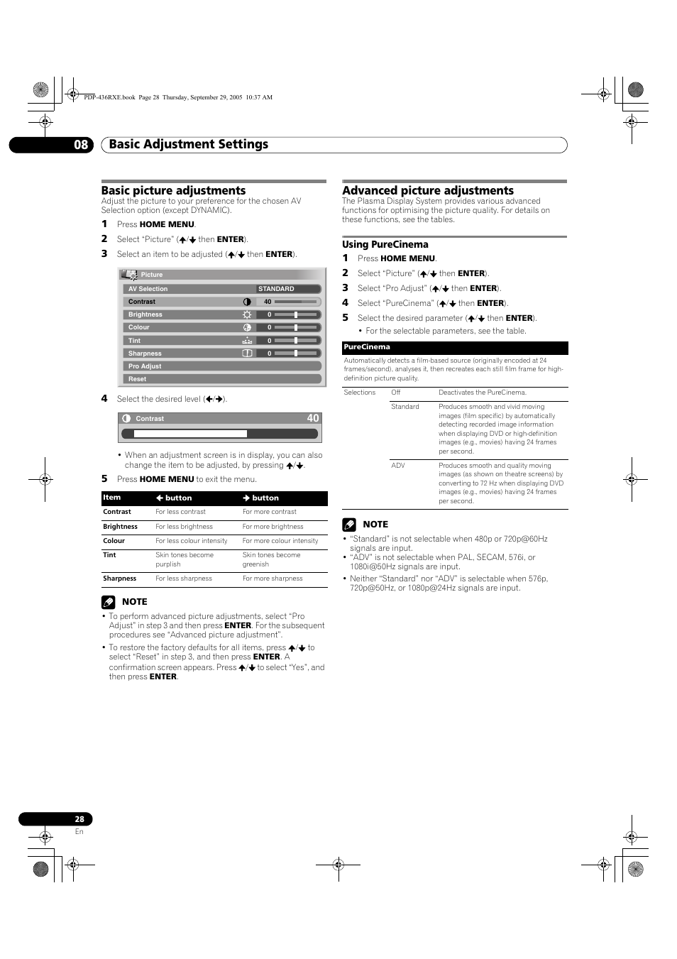 Using purecinema, Basic adjustment settings 08, Basic picture adjustments | Advanced picture adjustments | Pioneer PDP-436RXE User Manual | Page 28 / 134