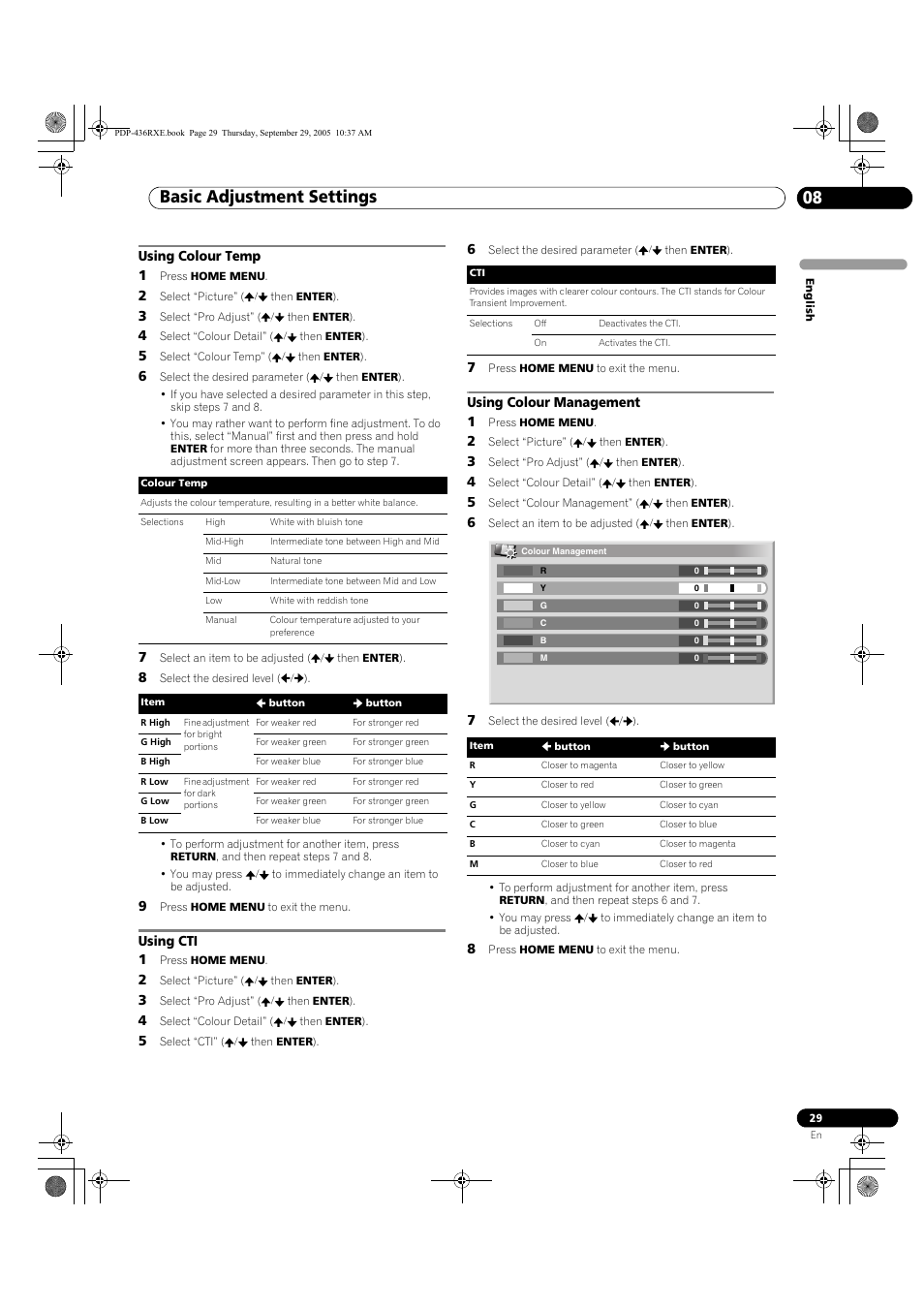 Basic adjustment settings 08 | Pioneer PDP-436RXE User Manual | Page 29 / 134