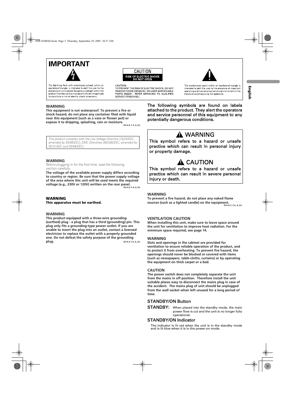 Warning, Caution | Pioneer PDP-436RXE User Manual | Page 3 / 134