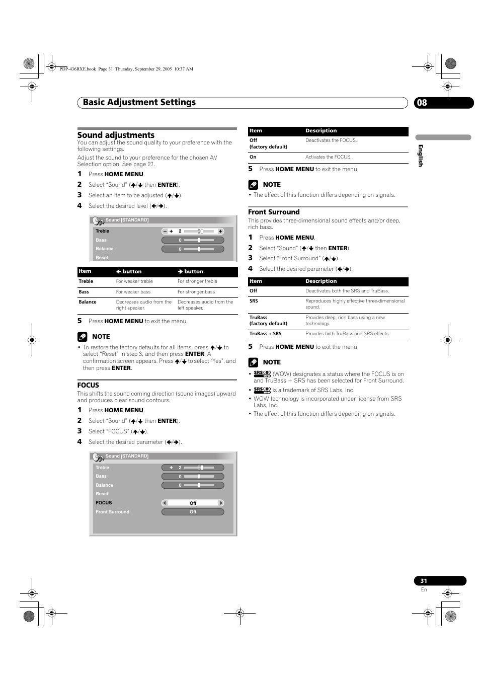 Sound adjustments, Focus front surround, Basic adjustment settings 08 | Pioneer PDP-436RXE User Manual | Page 31 / 134