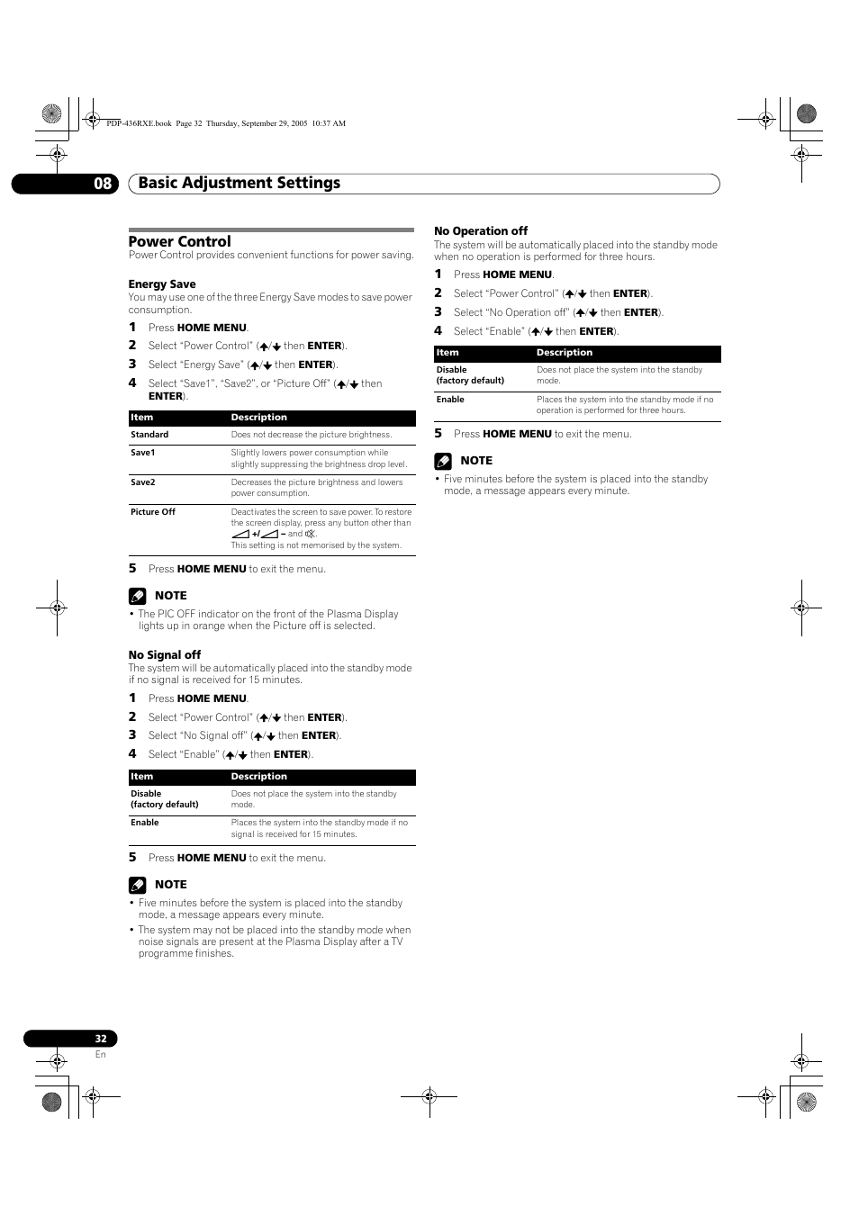 Power control, Basic adjustment settings 08 | Pioneer PDP-436RXE User Manual | Page 32 / 134