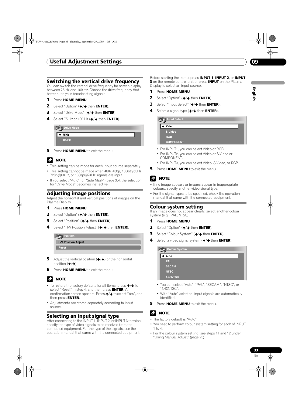 09 useful adjustment settings, Useful adjustment settings 09, Useful adjustment settings | Switching the vertical drive frequency, Adjusting image positions, Selecting an input signal type, Colour system setting | Pioneer PDP-436RXE User Manual | Page 33 / 134