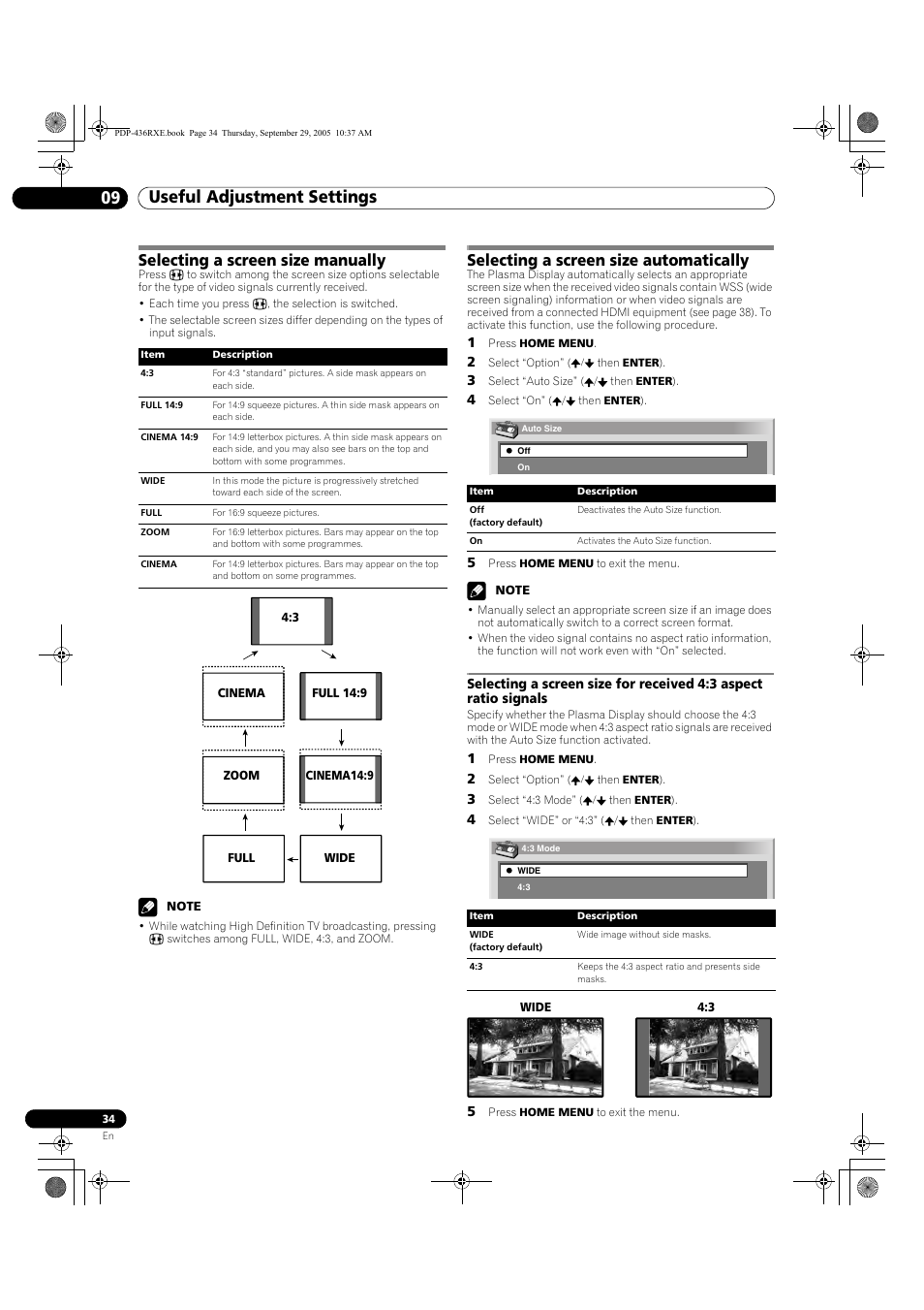 Useful adjustment settings 09, Selecting a screen size manually, Selecting a screen size automatically | Pioneer PDP-436RXE User Manual | Page 34 / 134