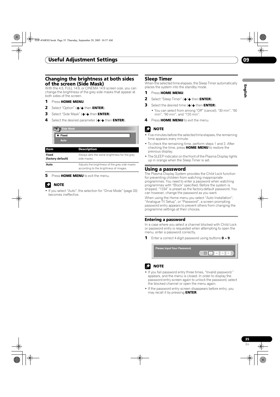 Entering a password, Useful adjustment settings 09, Sleep timer | Using a password | Pioneer PDP-436RXE User Manual | Page 35 / 134