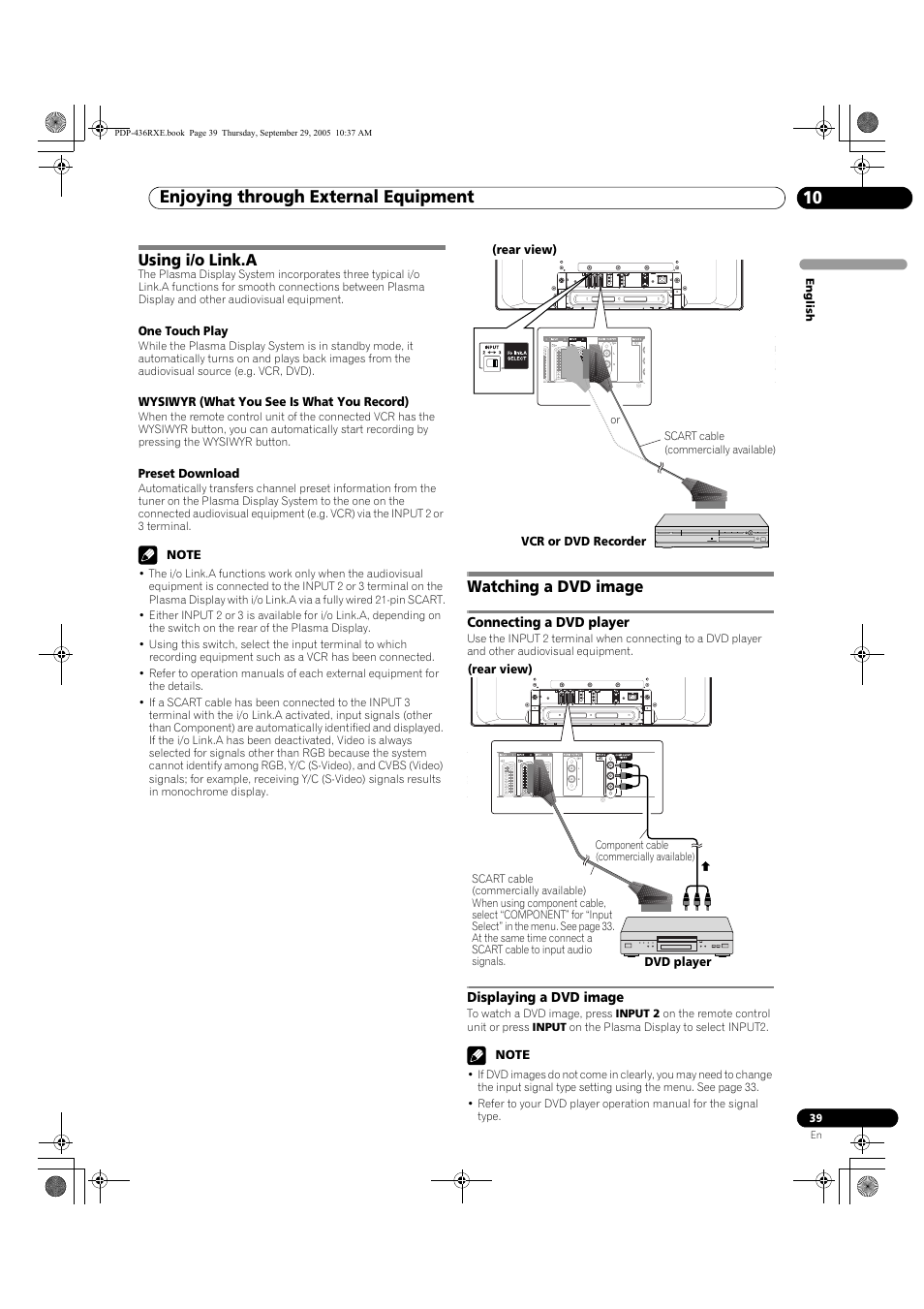 Using i/o link.a watching a dvd image, Connecting a dvd player displaying a dvd image, Enjoying through external equipment 10 | Using i/o link.a, Watching a dvd image, Connecting a dvd player, Displaying a dvd image | Pioneer PDP-436RXE User Manual | Page 39 / 134