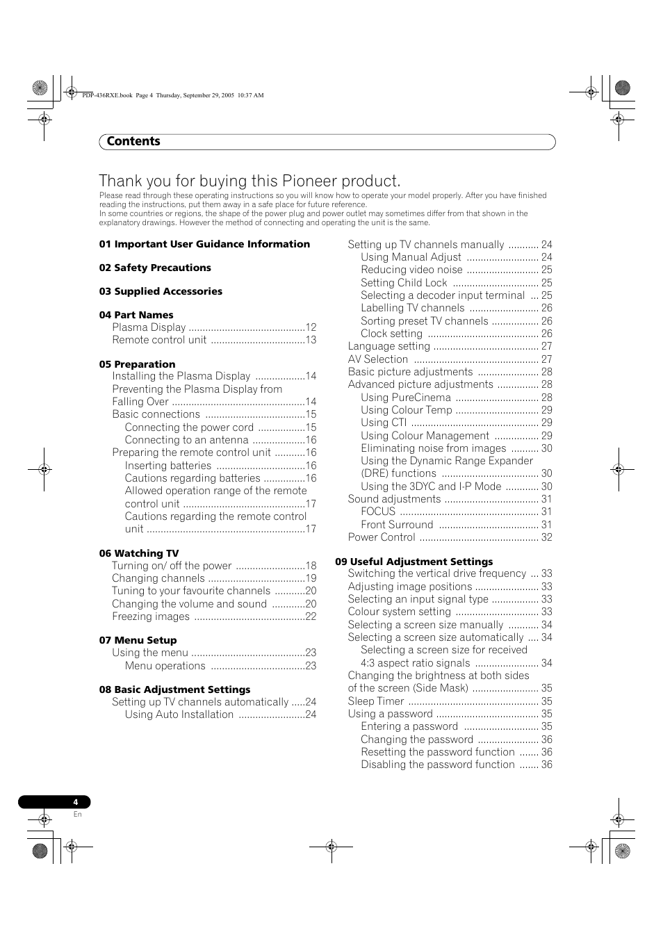 Pdp-436rxe, Operating instructions | Pioneer PDP-436RXE User Manual | Page 4 / 134