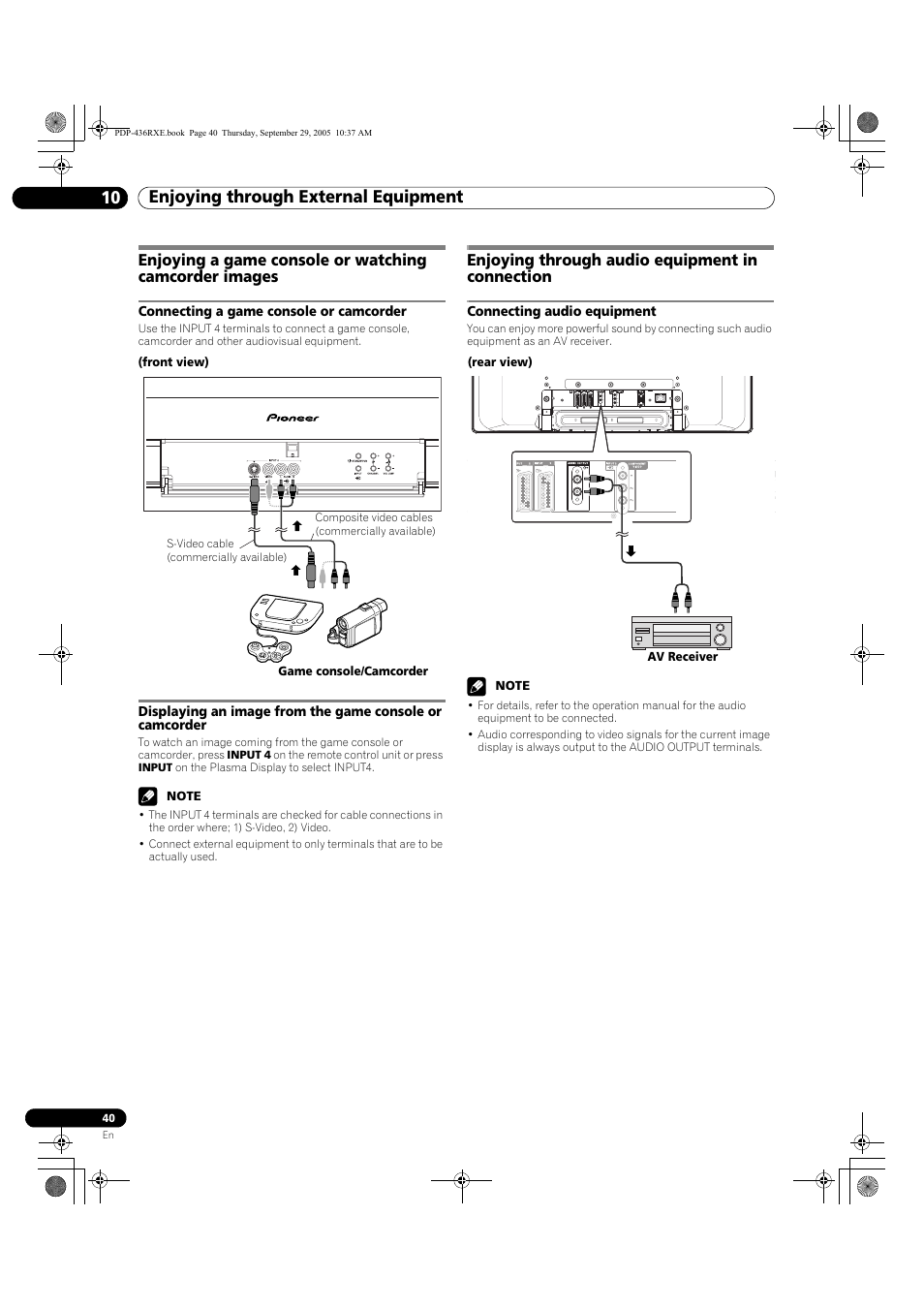 Enjoying through audio equipment in connection, Connecting audio equipment, Enjoying through external equipment 10 | Pioneer PDP-436RXE User Manual | Page 40 / 134