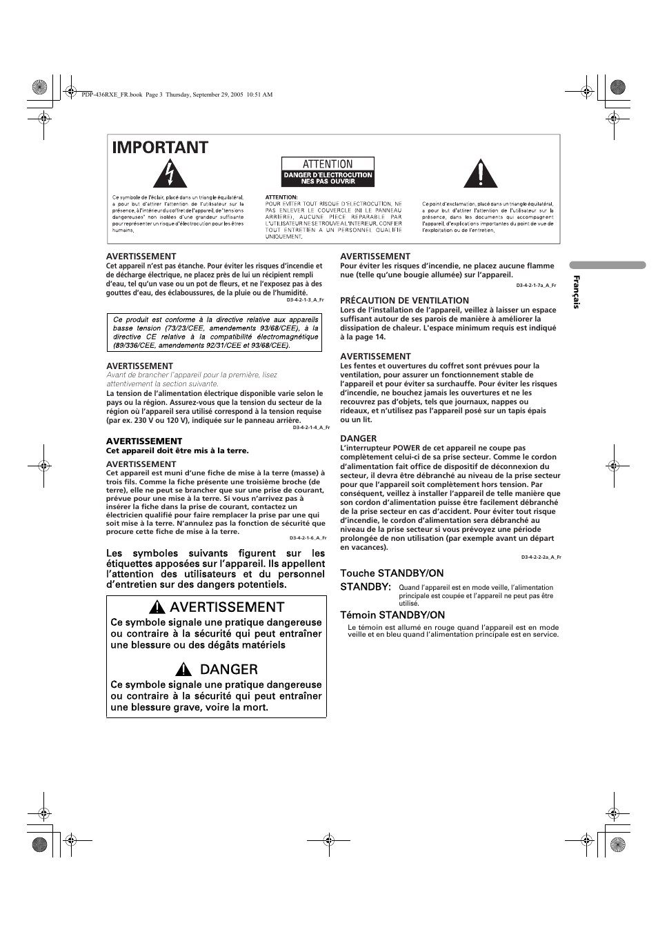 Avertissement, Danger | Pioneer PDP-436RXE User Manual | Page 47 / 134