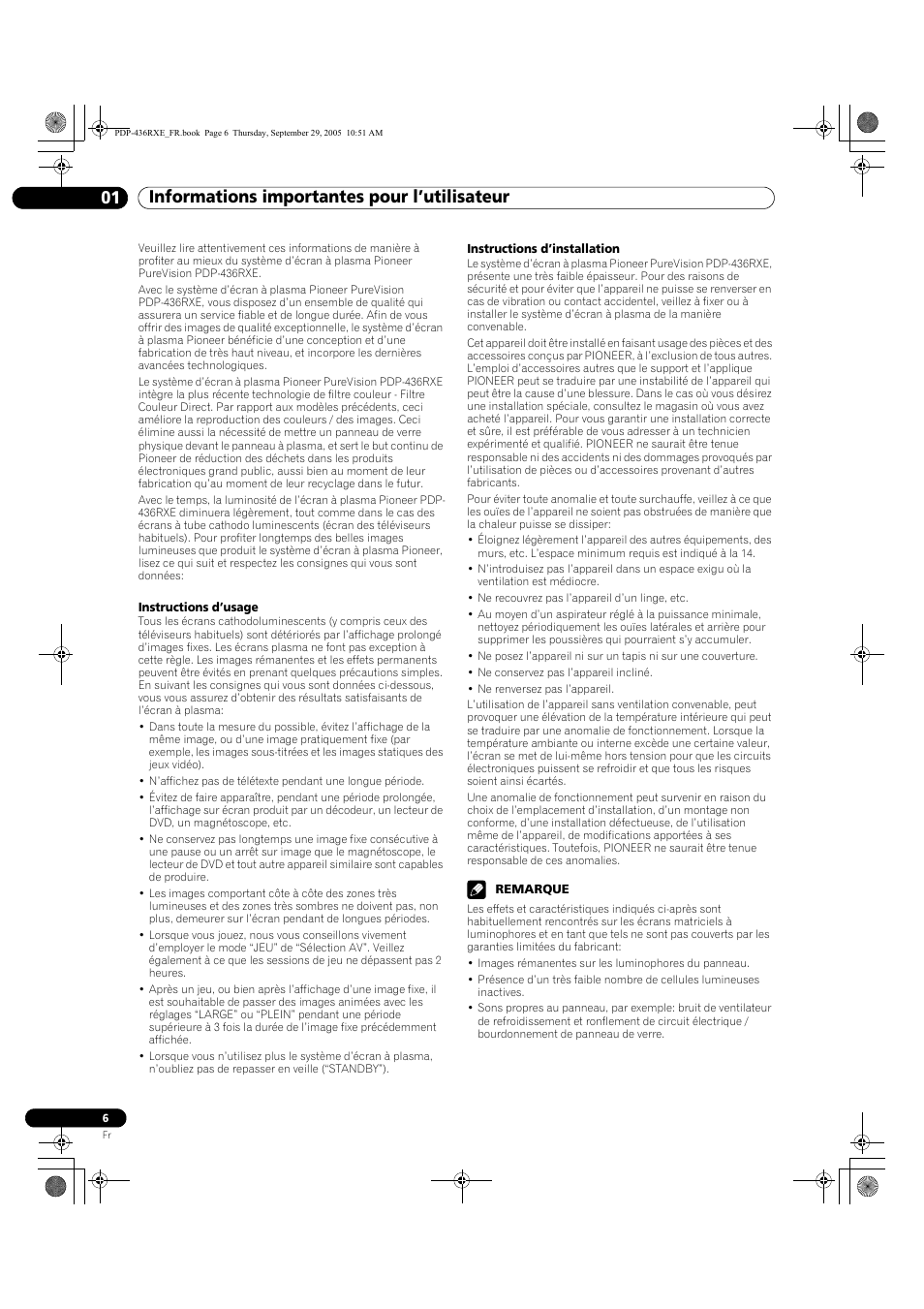 01 informations importantes pour, L’utilisateur | Pioneer PDP-436RXE User Manual | Page 50 / 134
