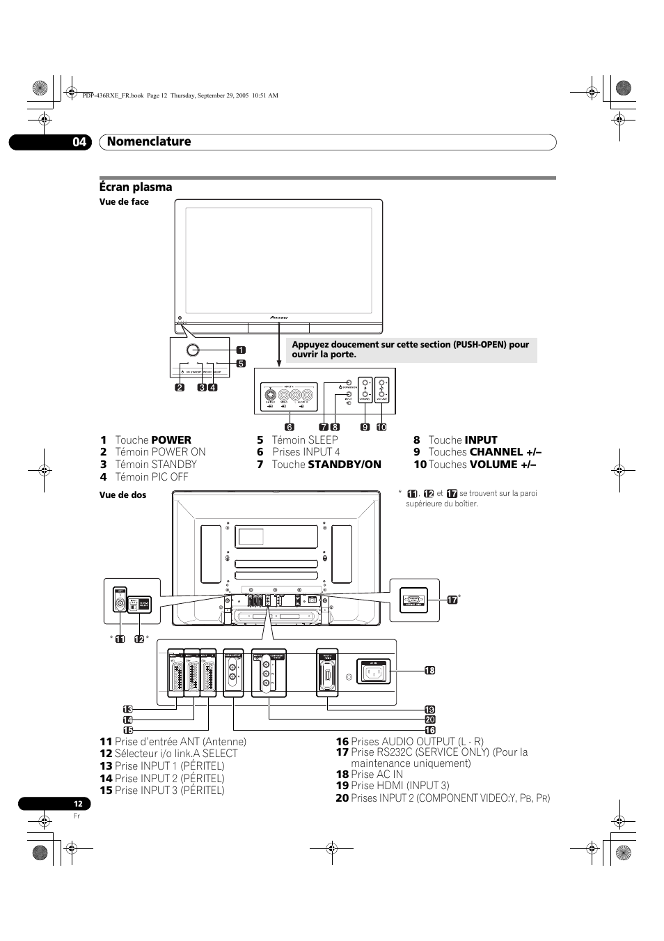 04 nomenclature, Écran plasma, Nomenclature 04 nomenclature | Pioneer PDP-436RXE User Manual | Page 56 / 134