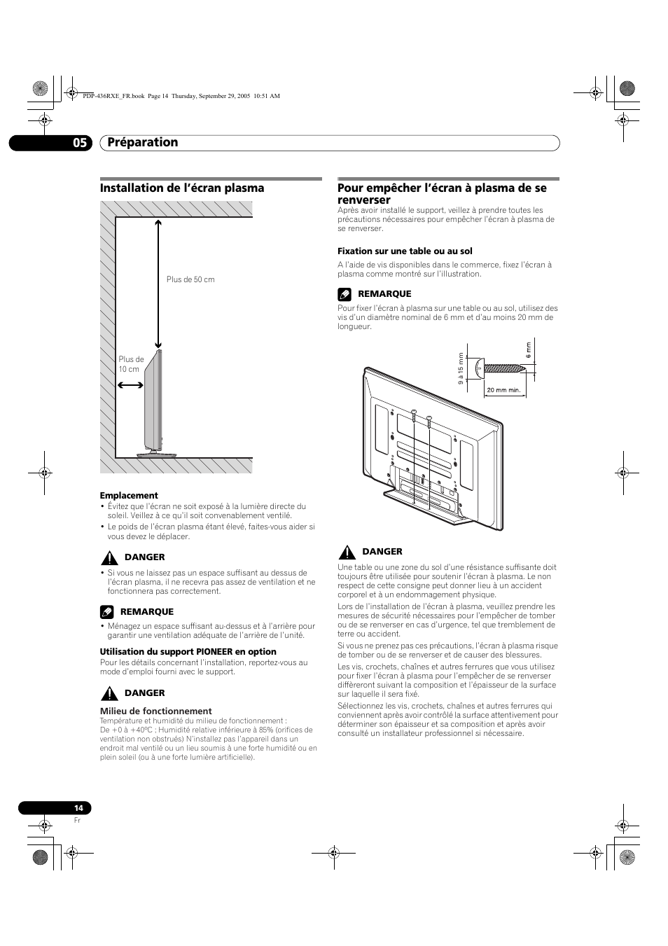 05 préparation, Préparation 05 préparation, Installation de l’écran plasma | Pour empêcher l’écran à plasma de se renverser | Pioneer PDP-436RXE User Manual | Page 58 / 134