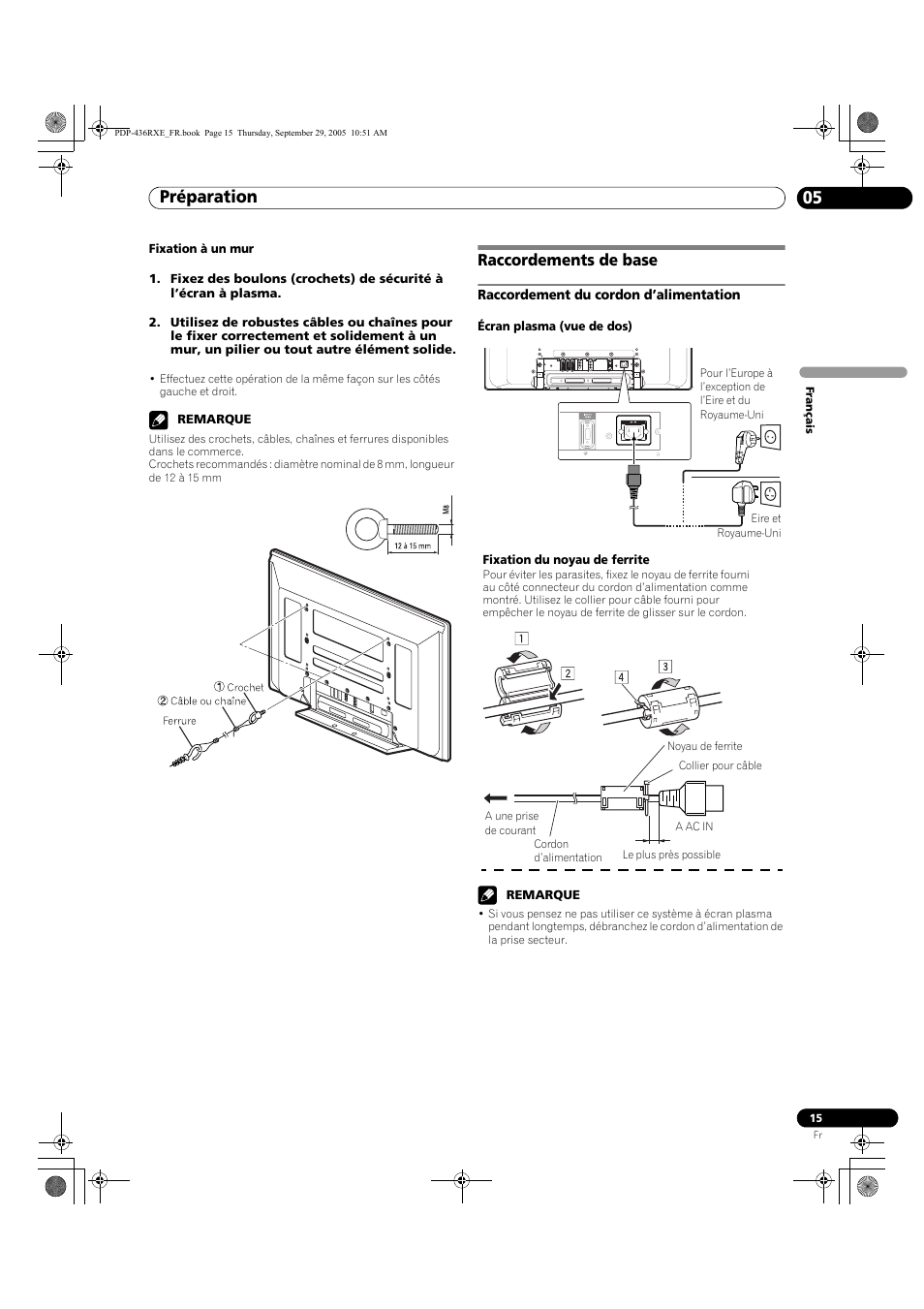 Raccordements de base, Raccordement du cordon d’alimentation, Préparation 05 | Pioneer PDP-436RXE User Manual | Page 59 / 134