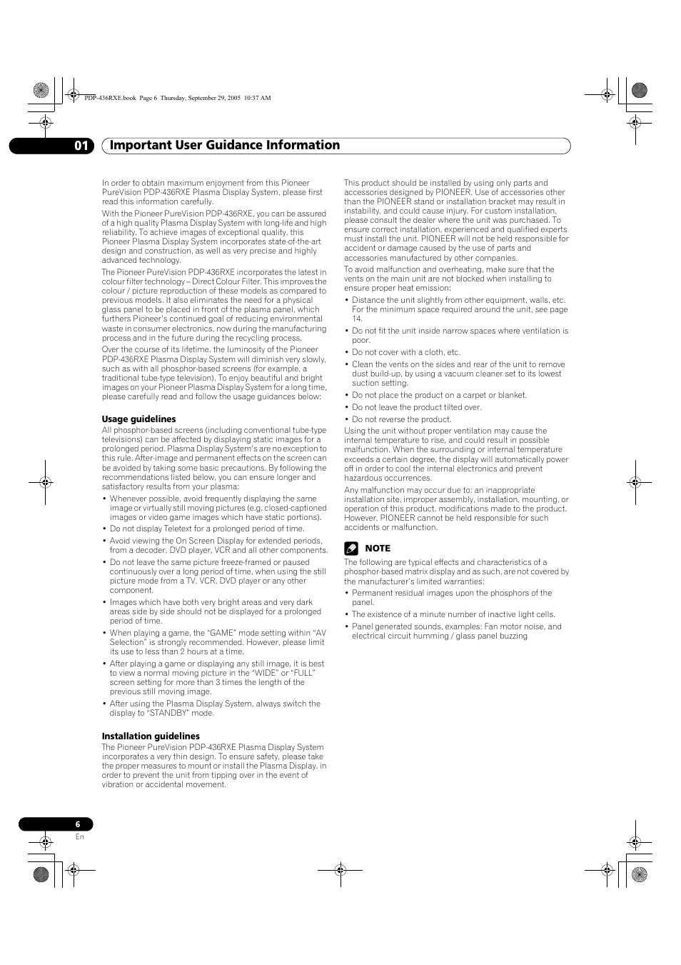 01 important user guidance information | Pioneer PDP-436RXE User Manual | Page 6 / 134