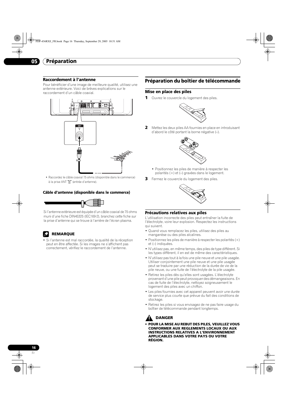 Raccordement à l’antenne, Préparation du boîtier de télécommande, Préparation 05 | Pioneer PDP-436RXE User Manual | Page 60 / 134