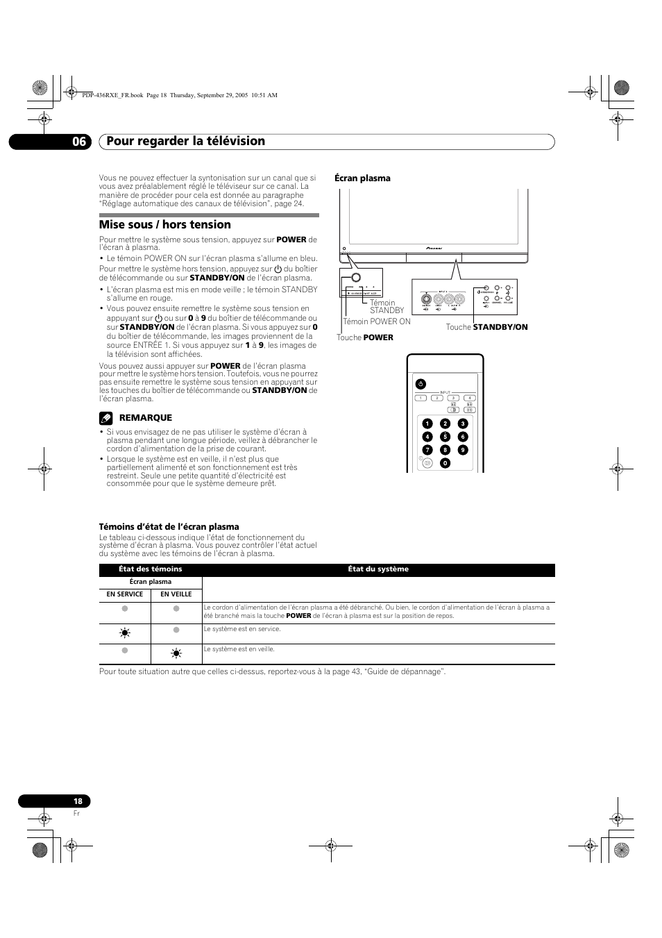 06 pour regarder la télévision, Mise sous / hors tension | Pioneer PDP-436RXE User Manual | Page 62 / 134