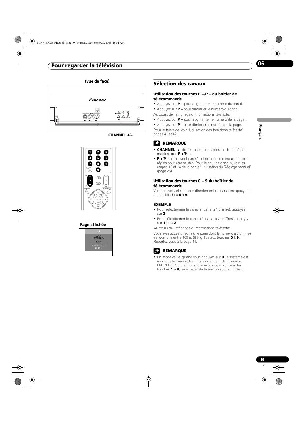 Sélection des canaux, Pour regarder la télévision 06 | Pioneer PDP-436RXE User Manual | Page 63 / 134