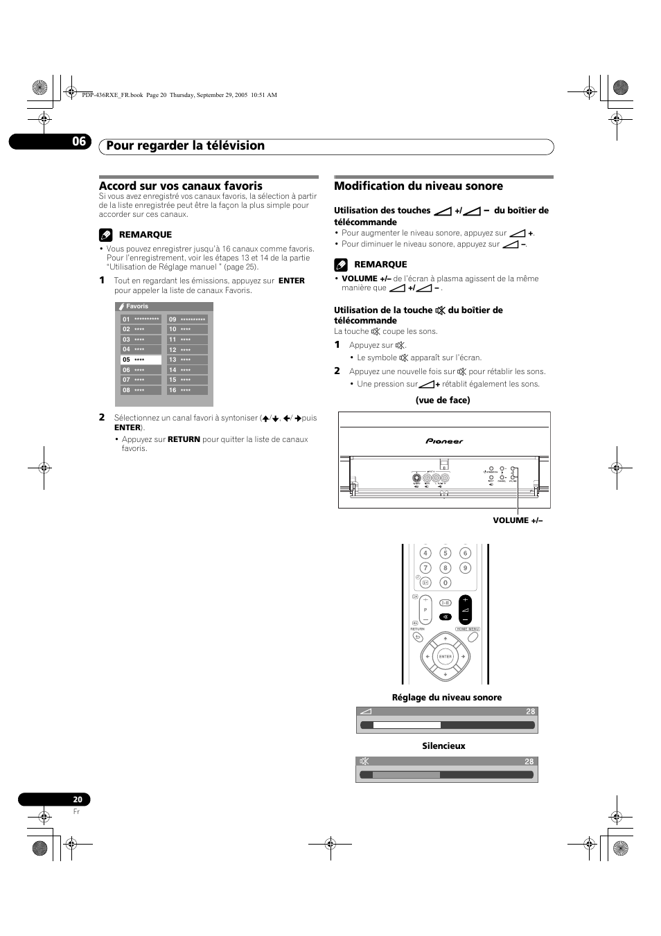 Pour regarder la télévision 06, Accord sur vos canaux favoris, Modification du niveau sonore | Pioneer PDP-436RXE User Manual | Page 64 / 134