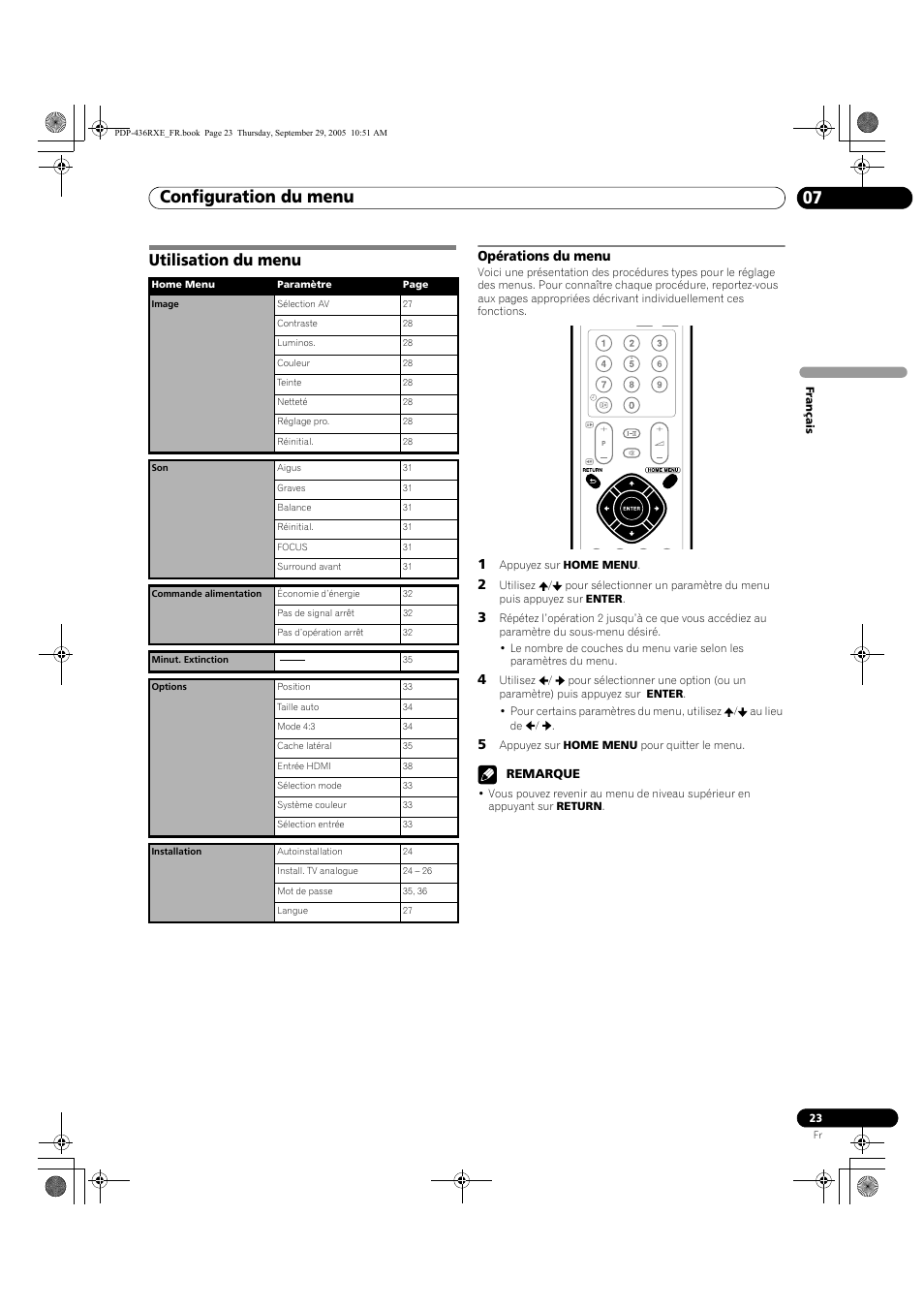 07 configuration du menu, Utilisation du menu, Opérations du menu | Configuration du menu 07, Configuration du menu | Pioneer PDP-436RXE User Manual | Page 67 / 134