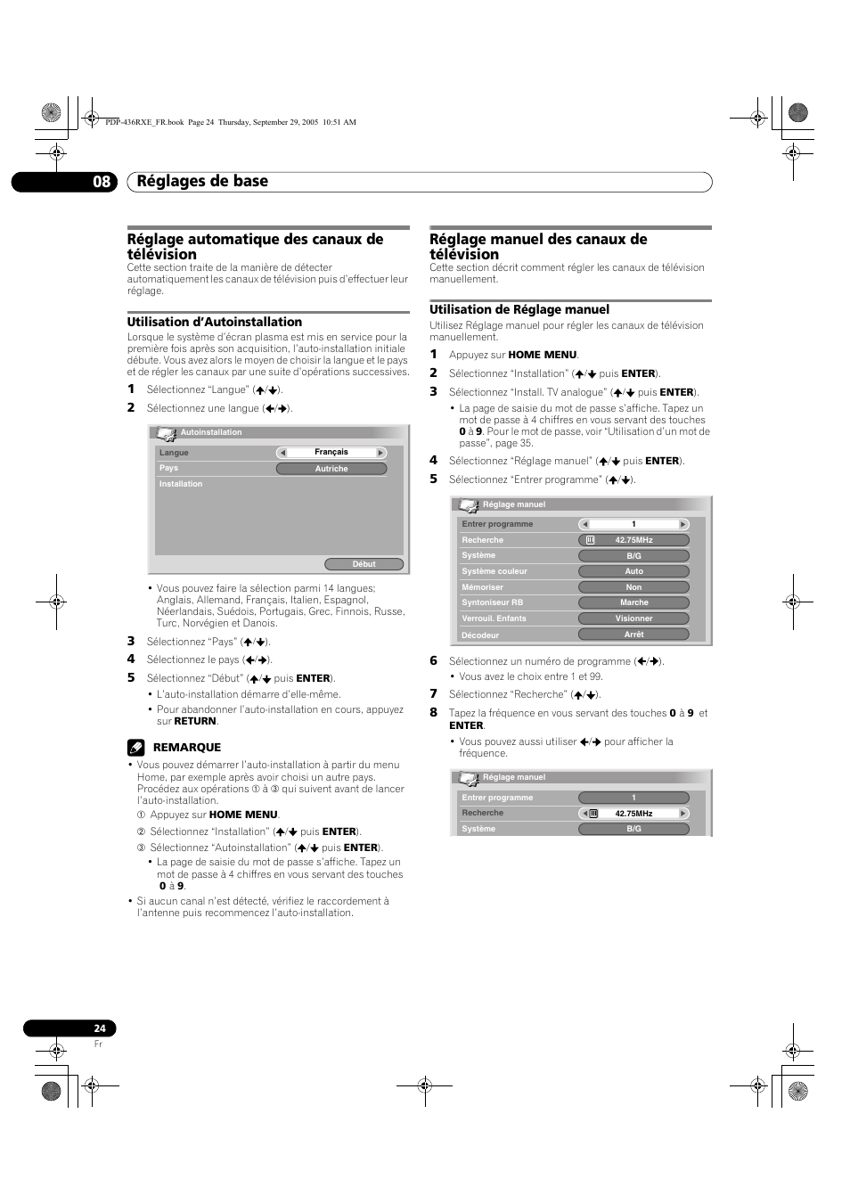 08 réglages de base, Réglage automatique des canaux de télévision, Utilisation d’autoinstallation | Réglage manuel des canaux de télévision, Utilisation de réglage manuel, Réglages de base 08 réglages de base | Pioneer PDP-436RXE User Manual | Page 68 / 134