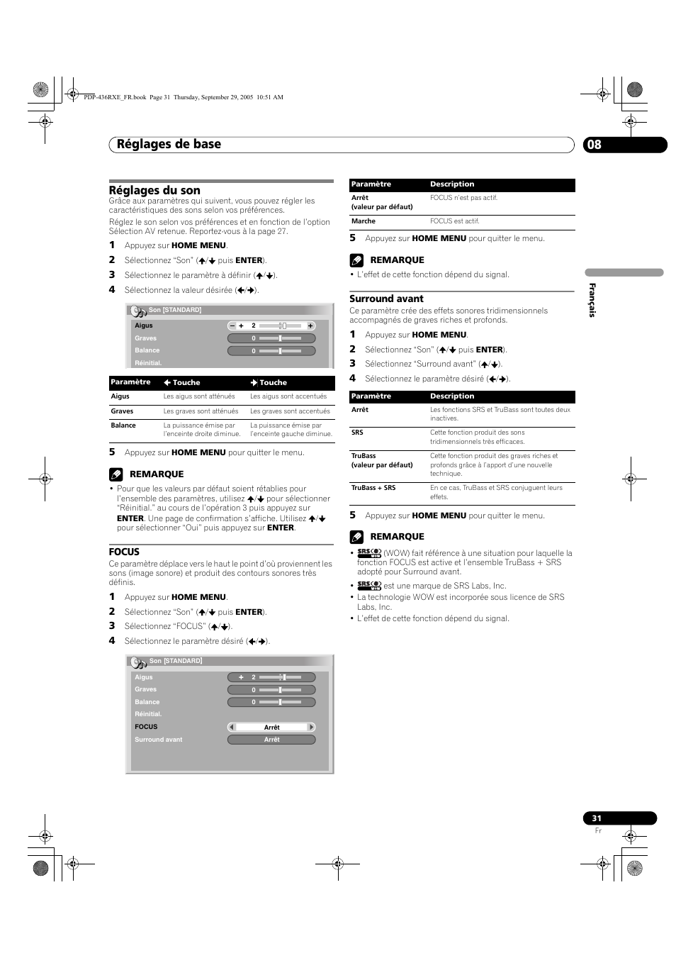 Réglages du son, Focus surround avant, Réglages de base 08 | Pioneer PDP-436RXE User Manual | Page 75 / 134