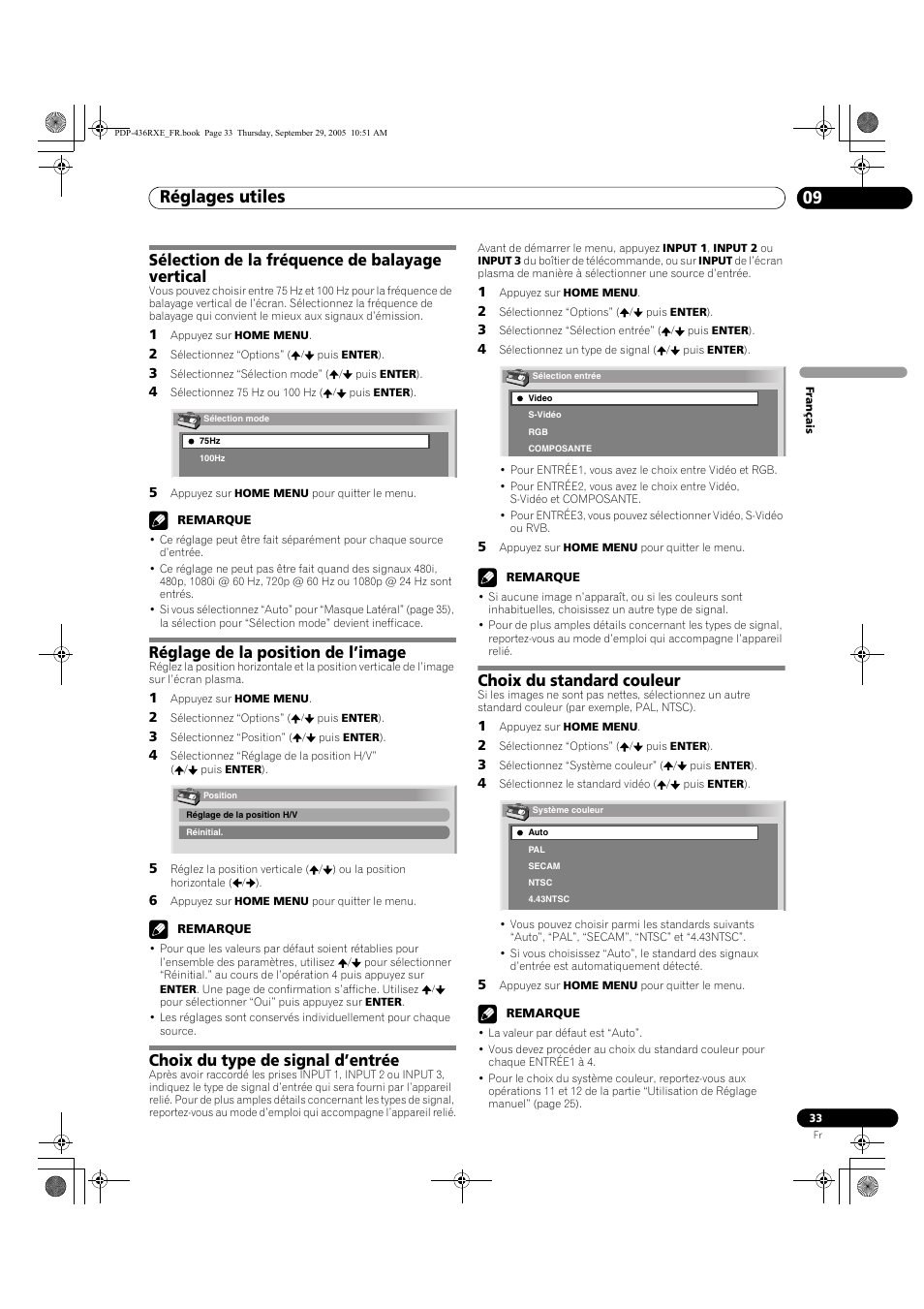 09 réglages utiles, Réglages utiles 09, Réglages utiles | Sélection de la fréquence de balayage vertical, Réglage de la position de l’image, Choix du type de signal d’entrée, Choix du standard couleur | Pioneer PDP-436RXE User Manual | Page 77 / 134