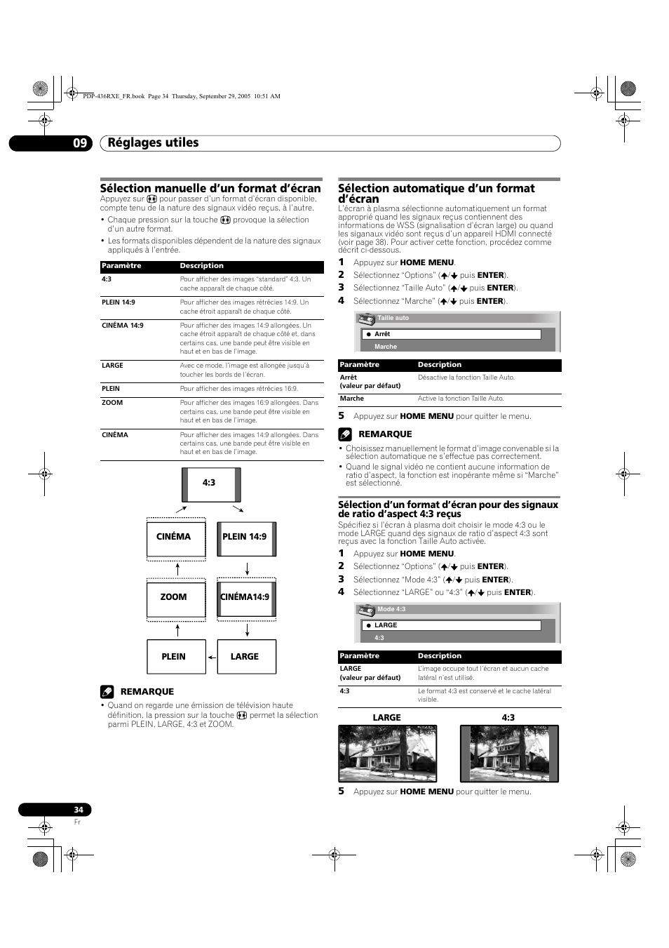 Réglages utiles 09, Sélection manuelle d’un format d’écran, Sélection automatique d’un format d’écran | Pioneer PDP-436RXE User Manual | Page 78 / 134