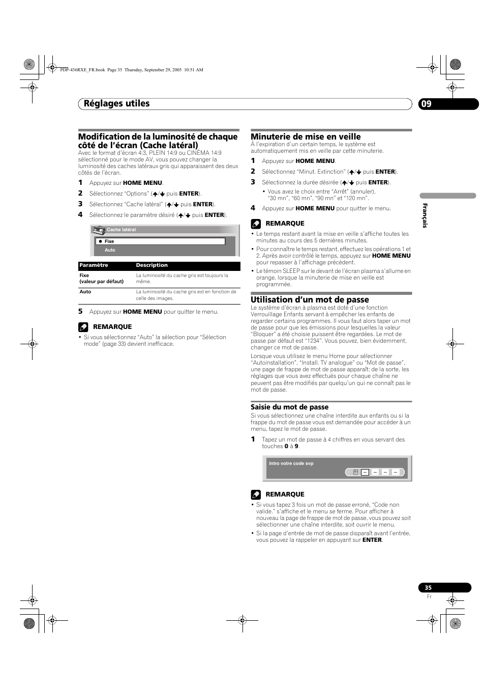 Saisie du mot de passe, Réglages utiles 09, Minuterie de mise en veille | Utilisation d’un mot de passe | Pioneer PDP-436RXE User Manual | Page 79 / 134