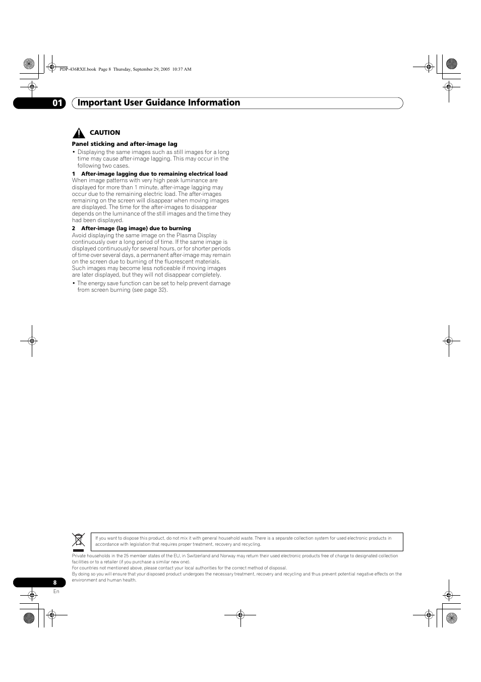 Important user guidance information 01 | Pioneer PDP-436RXE User Manual | Page 8 / 134