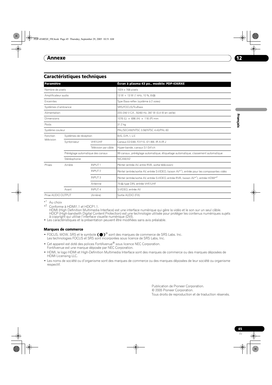 Caractéristiques techniques, Annexe 12 | Pioneer PDP-436RXE User Manual | Page 89 / 134