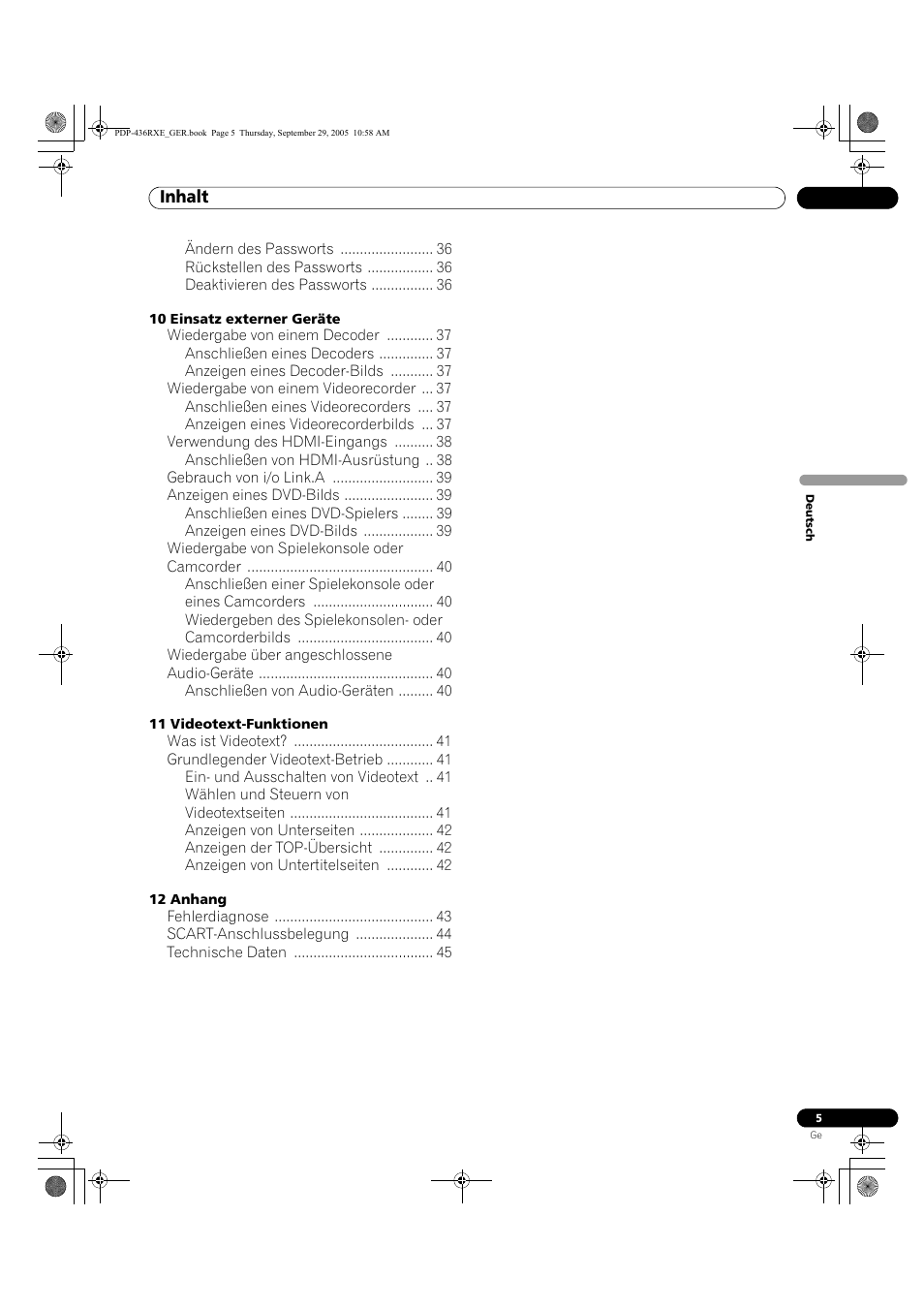 Inhalt | Pioneer PDP-436RXE User Manual | Page 93 / 134