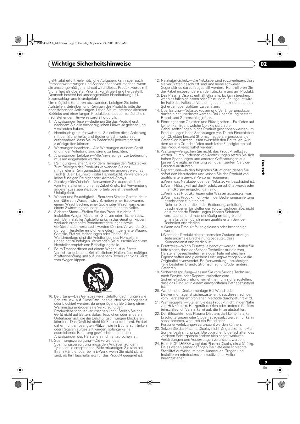 02 wichtige sicherheitshinweise, Wichtige sicherheitshinweise 02, Wichtige sicherheitshinweise | Pioneer PDP-436RXE User Manual | Page 97 / 134