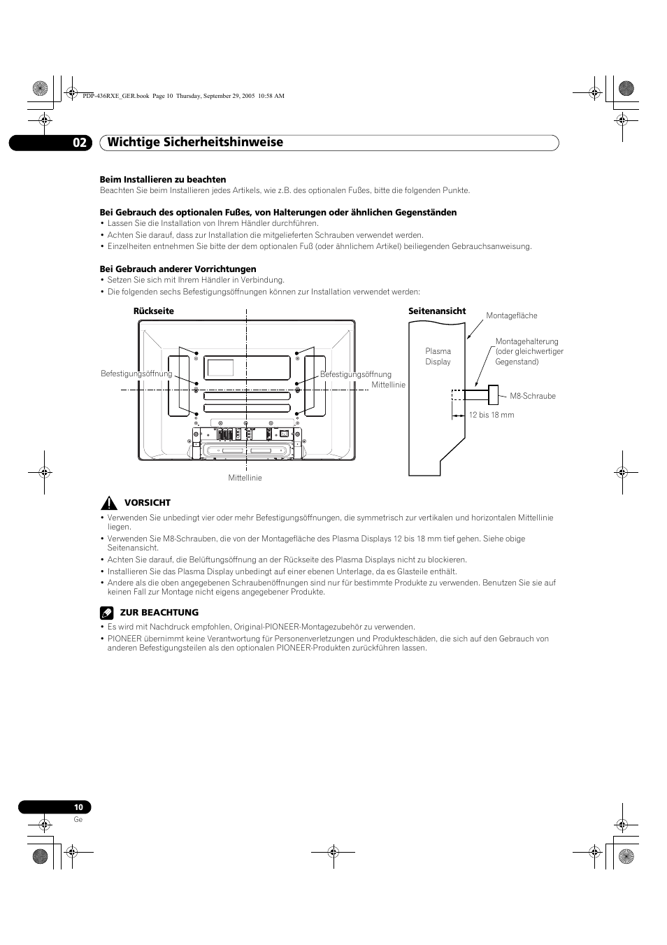 Wichtige sicherheitshinweise 02 | Pioneer PDP-436RXE User Manual | Page 98 / 134