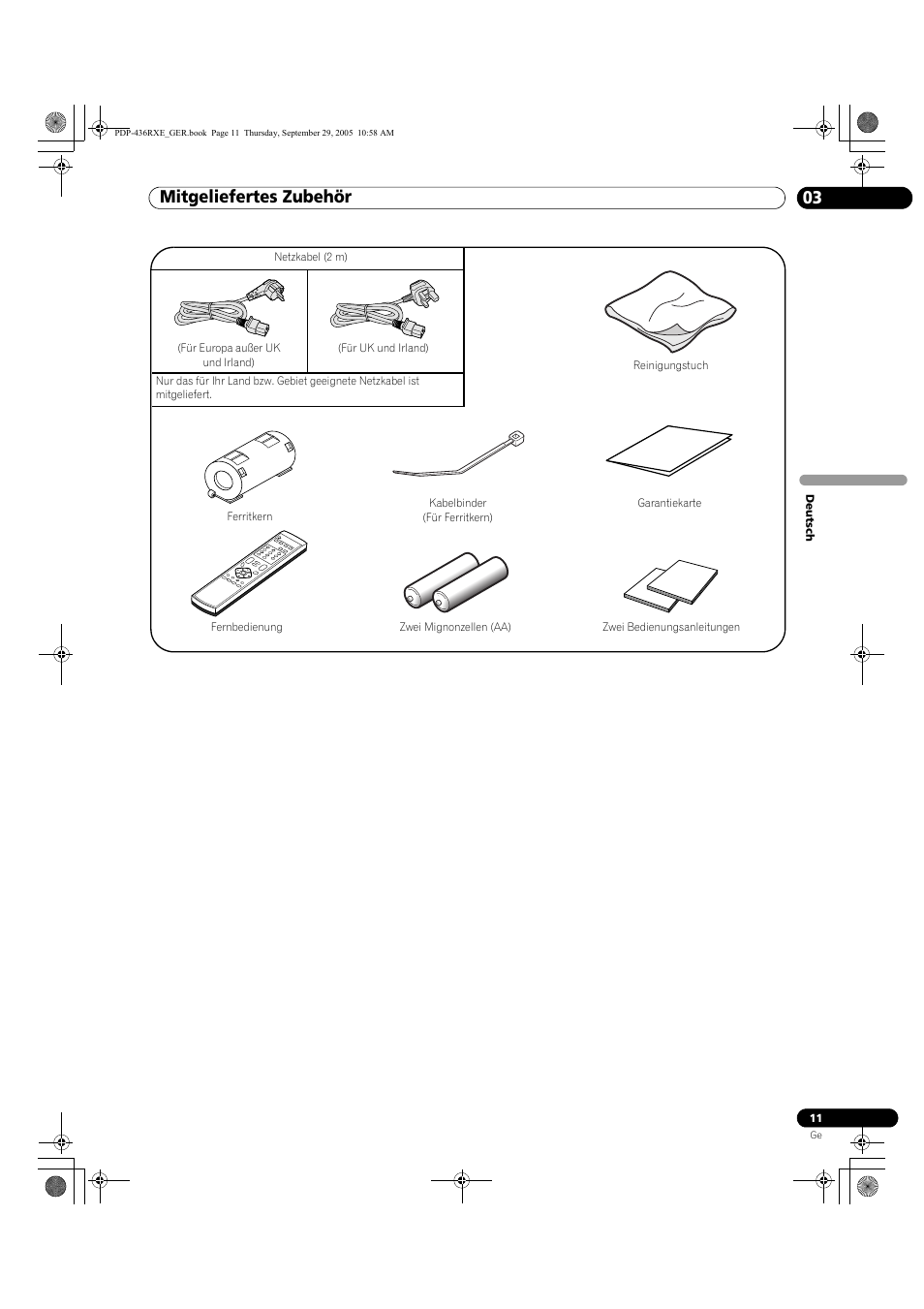 03 mitgeliefertes zubehör, Mitgeliefertes zubehör 03, Mitgeliefertes zubehör | Pioneer PDP-436RXE User Manual | Page 99 / 134