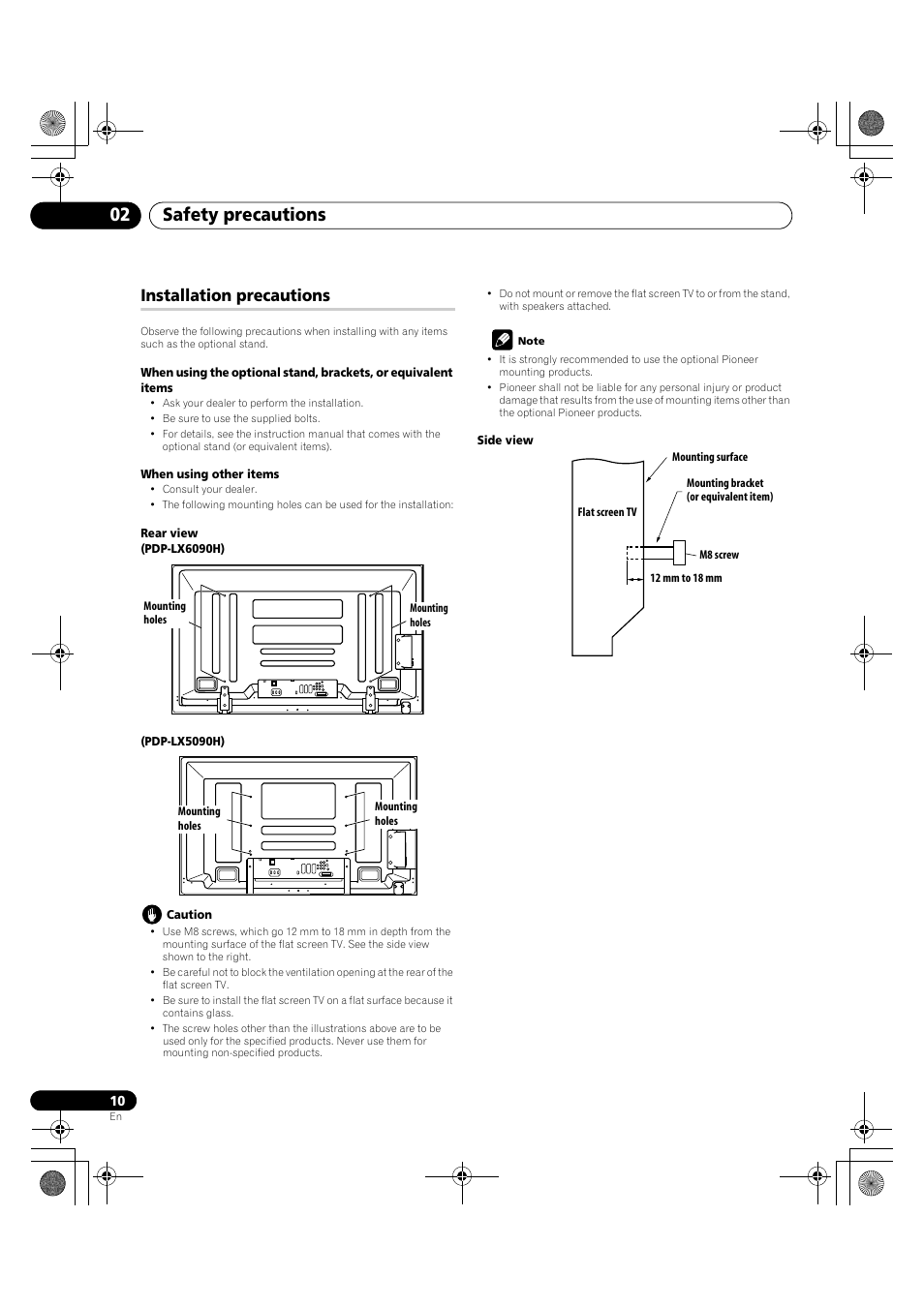 Installation precautions, Safety precautions 02 | Pioneer PDP-LX5090H User Manual | Page 10 / 339