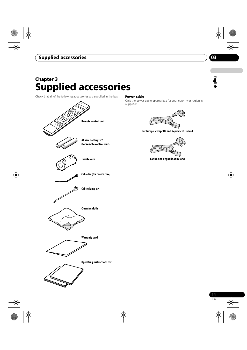 03 supplied accessories, Supplied accessories, Supplied accessories 03 | Chapter 3 | Pioneer PDP-LX5090H User Manual | Page 11 / 339